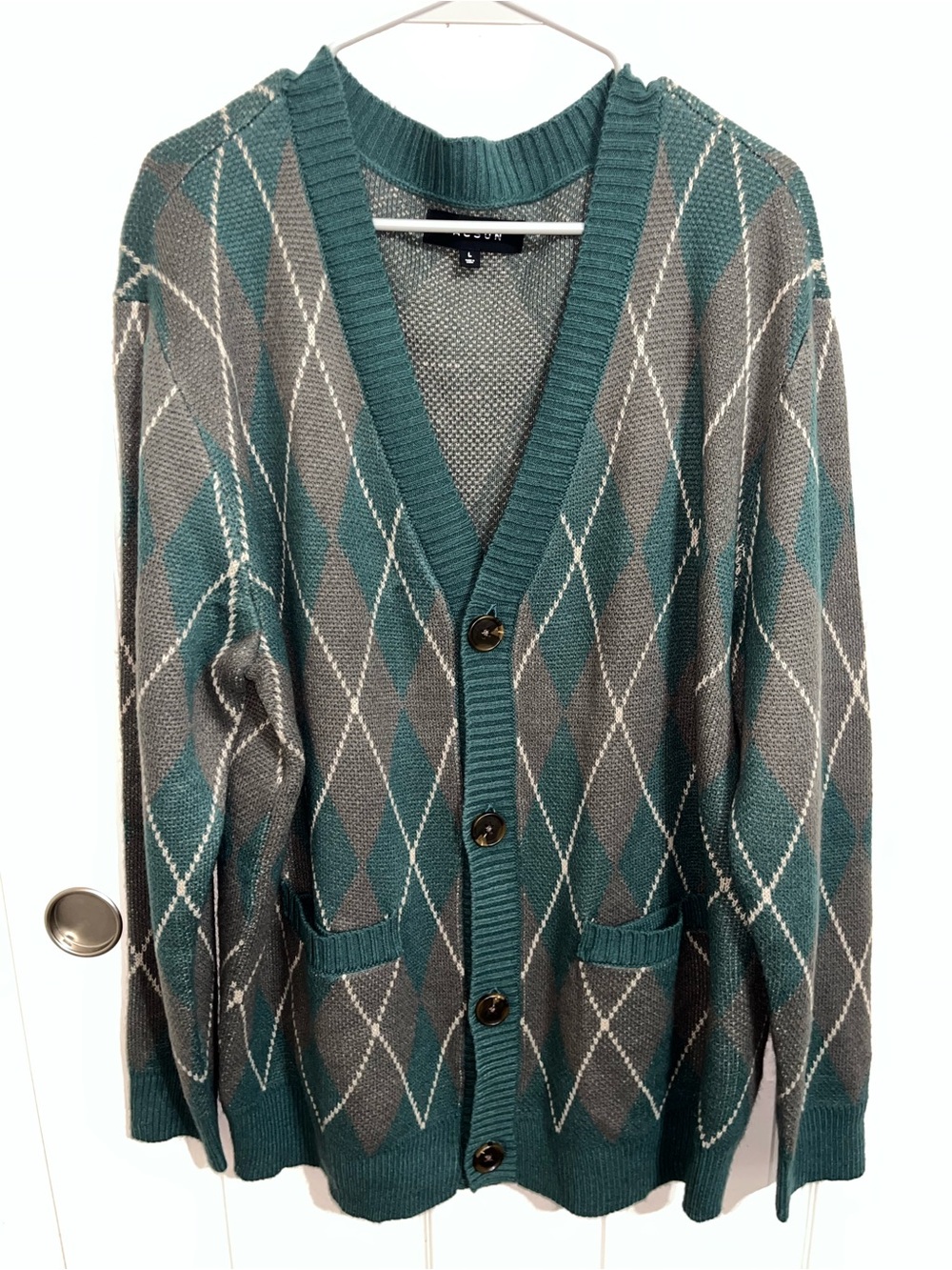 PacSun Teal and Gray Argyle Cardigan Sweater